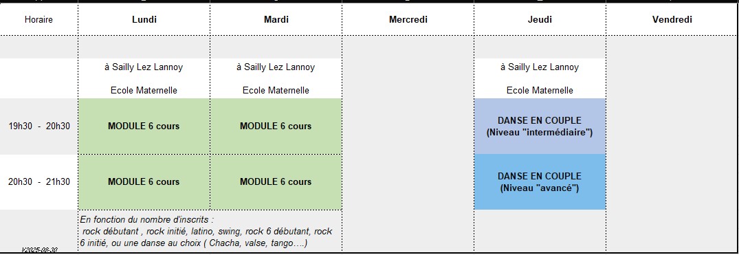 Planning des Cours Association Cadanse SAilly